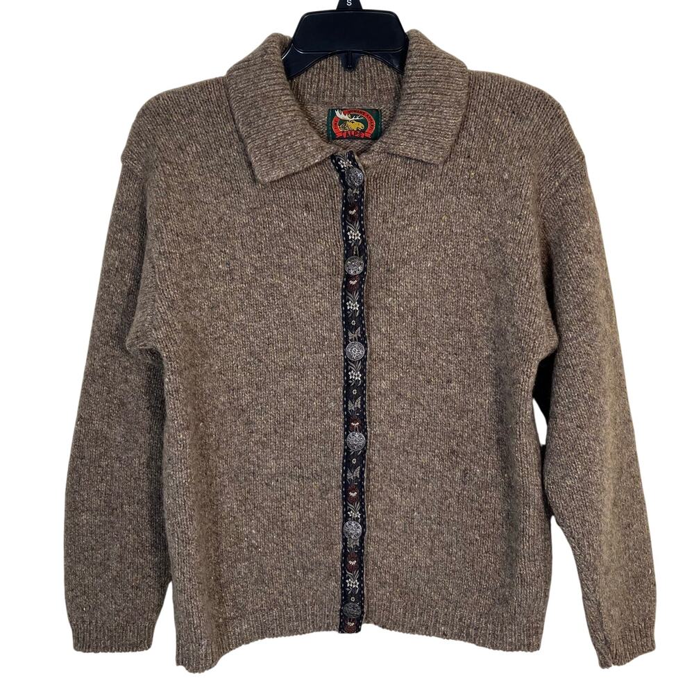 ALPS Vtg Nordic Style Button-front Trachten Cardigan Ribbon Trim Marled Knit